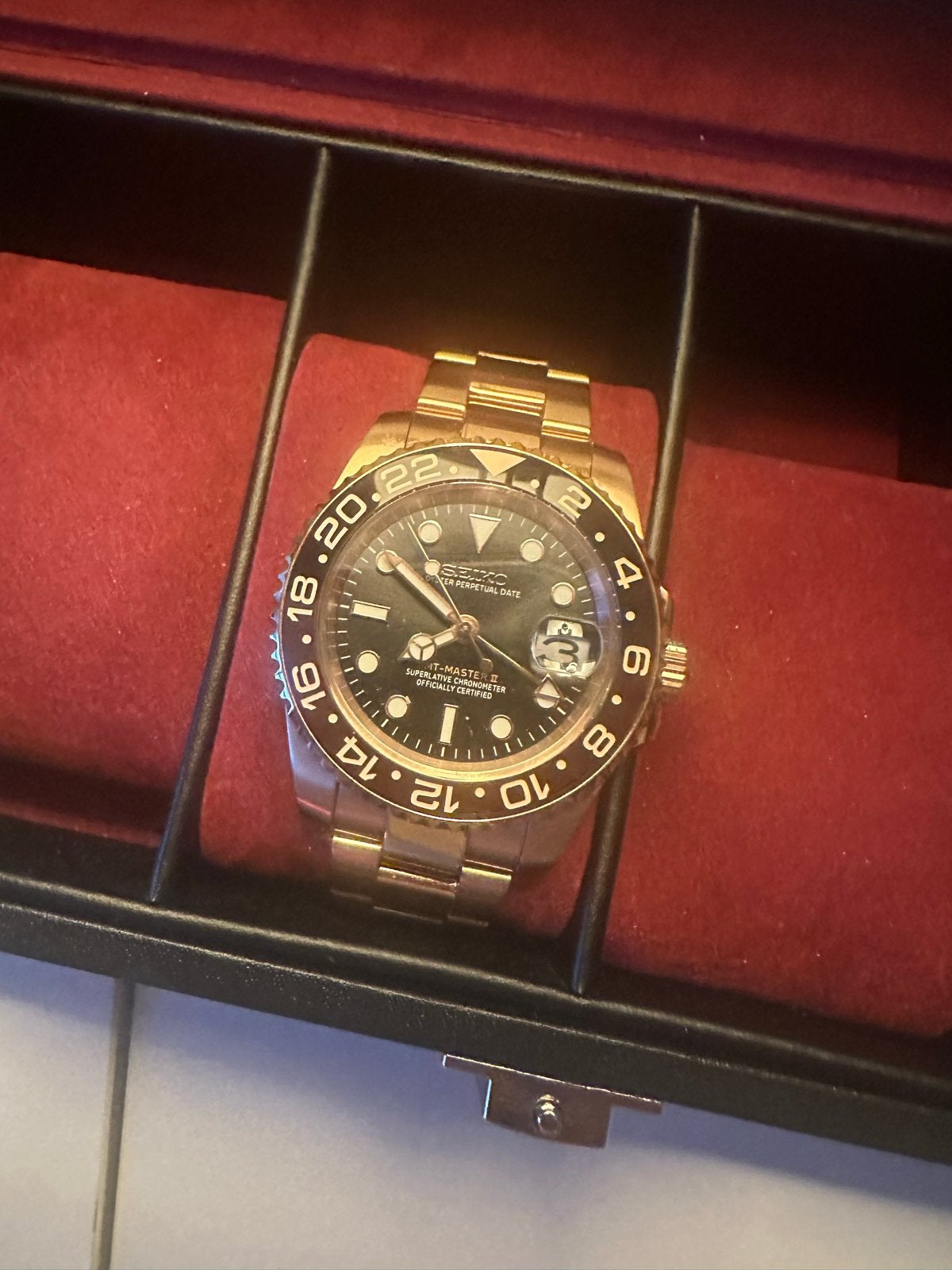 Seiko Mods - Rolex rootbeer & Bruce wayne homage, Ophalen, Polshorloge, Zo goed als nieuw, Goud
