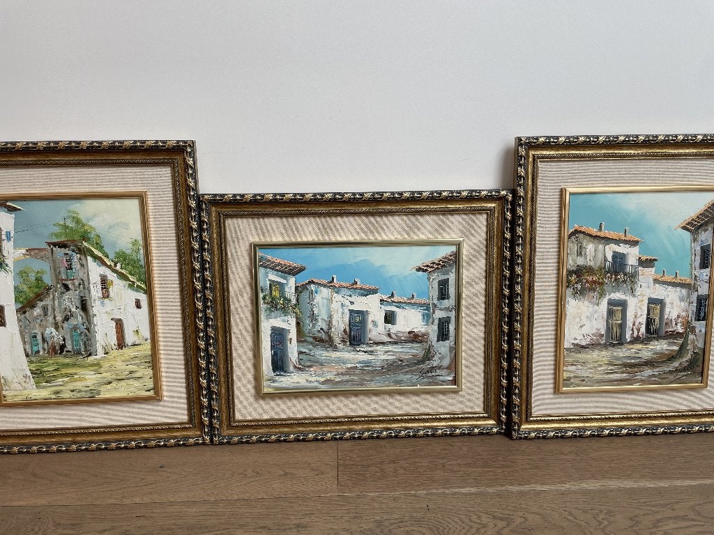 Mooie set van 3 Mediterrane schilderijen!, Ophalen, Paneel, Bijzondere lijst, Realistisch
