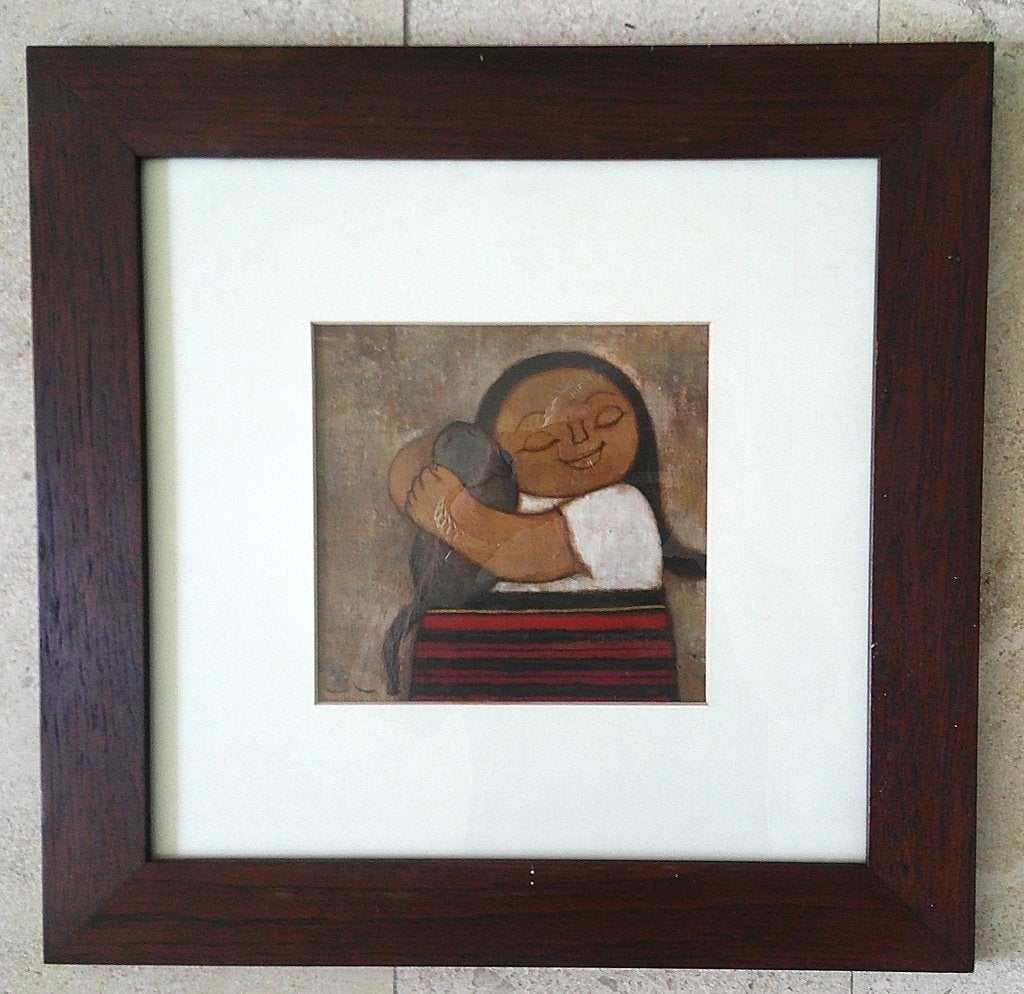 2) - Meisje met grijs poesje ca.1990 - Indiase School, Paneel, Portret of Personen, Bijzondere lijst, Impressionistisch