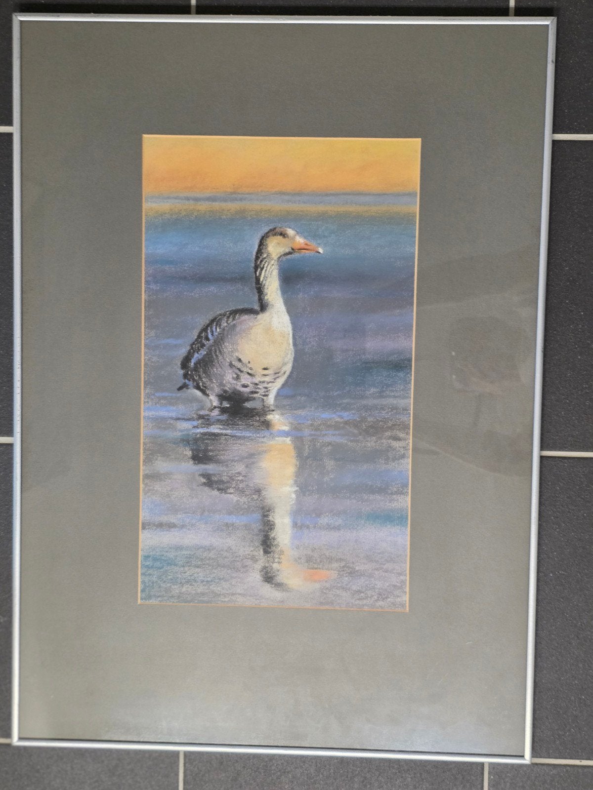 Prachtig gesigneerd origineel pastelschilderij "Gans", Antiek en Kunst, Ophalen, Pastel, Dieren, Achter glas