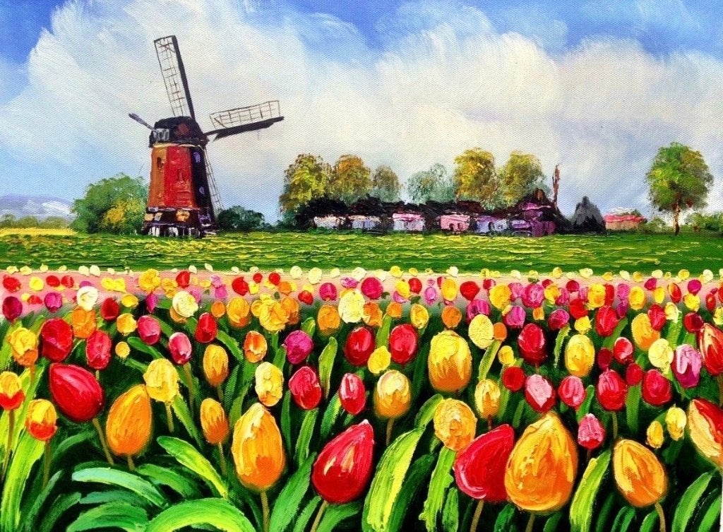 Schilderij Tulpenveld met Molen - 50x60 cm, Ophalen of Verzenden, Textiel, Olieverf, Landschap