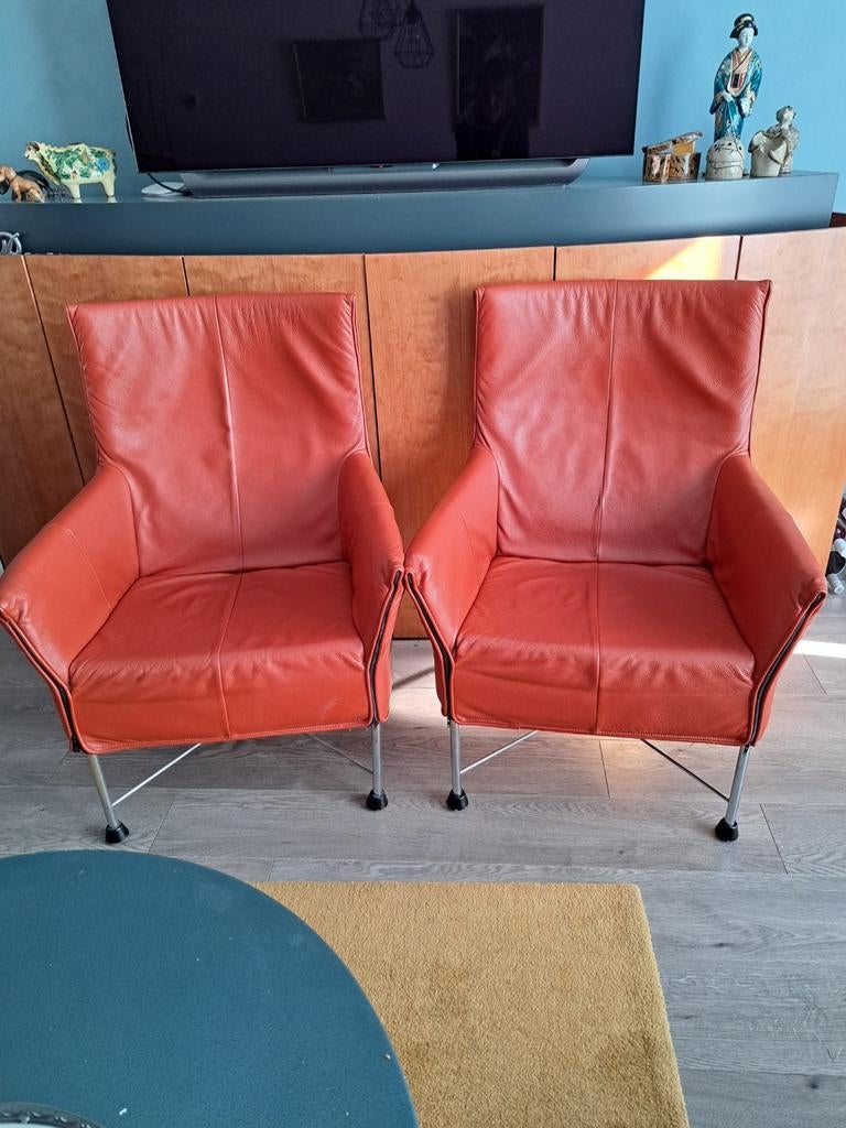 2 Charly Montis stoelen + hocker, roodbruin leer, Huis en Inrichting, Fauteuils, Ophalen of Verzenden