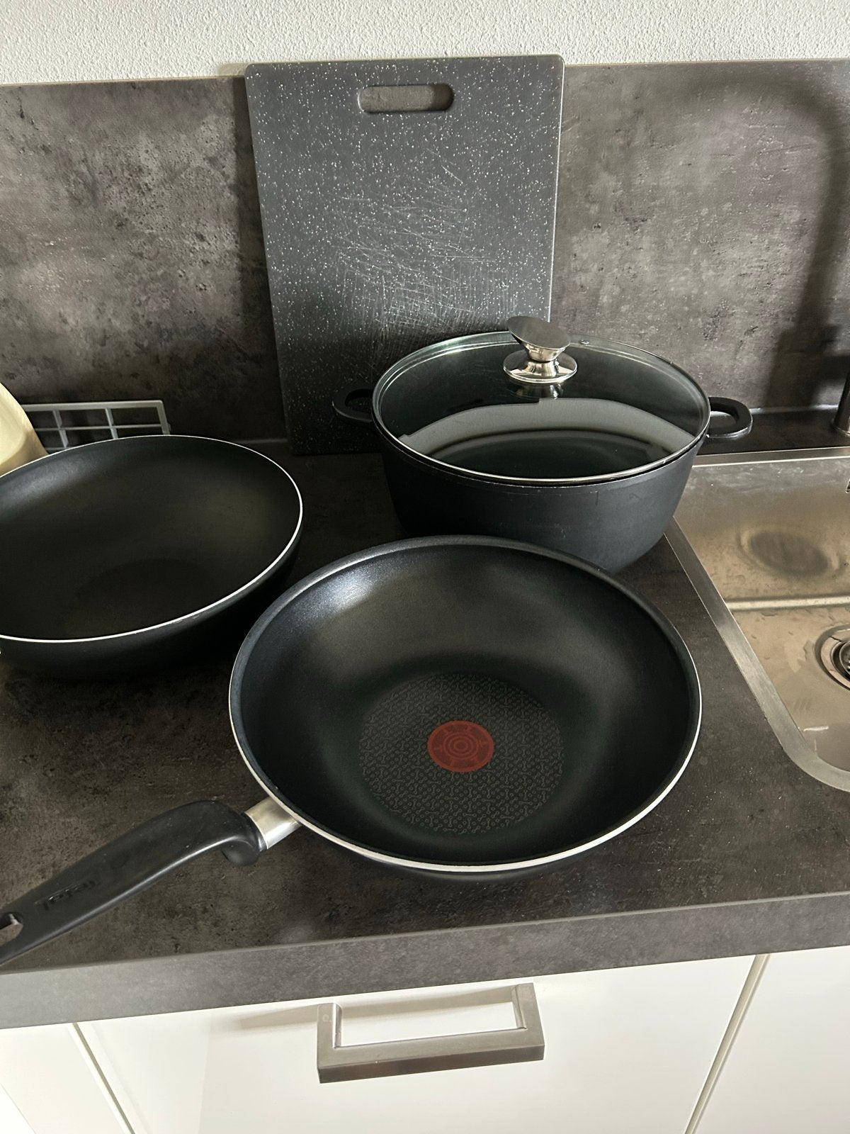 Pannenset: Kookpan, Wok en Koekenpan (Tefal), Antiaanbaklaag, Aluminium, Ophalen of Verzenden, Kookpan