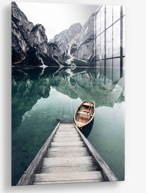 Glasschilderij Boat At The Lake 60x90 - Gehard glas, Landschap, Glas, Achter glas, Ophalen of Verzenden