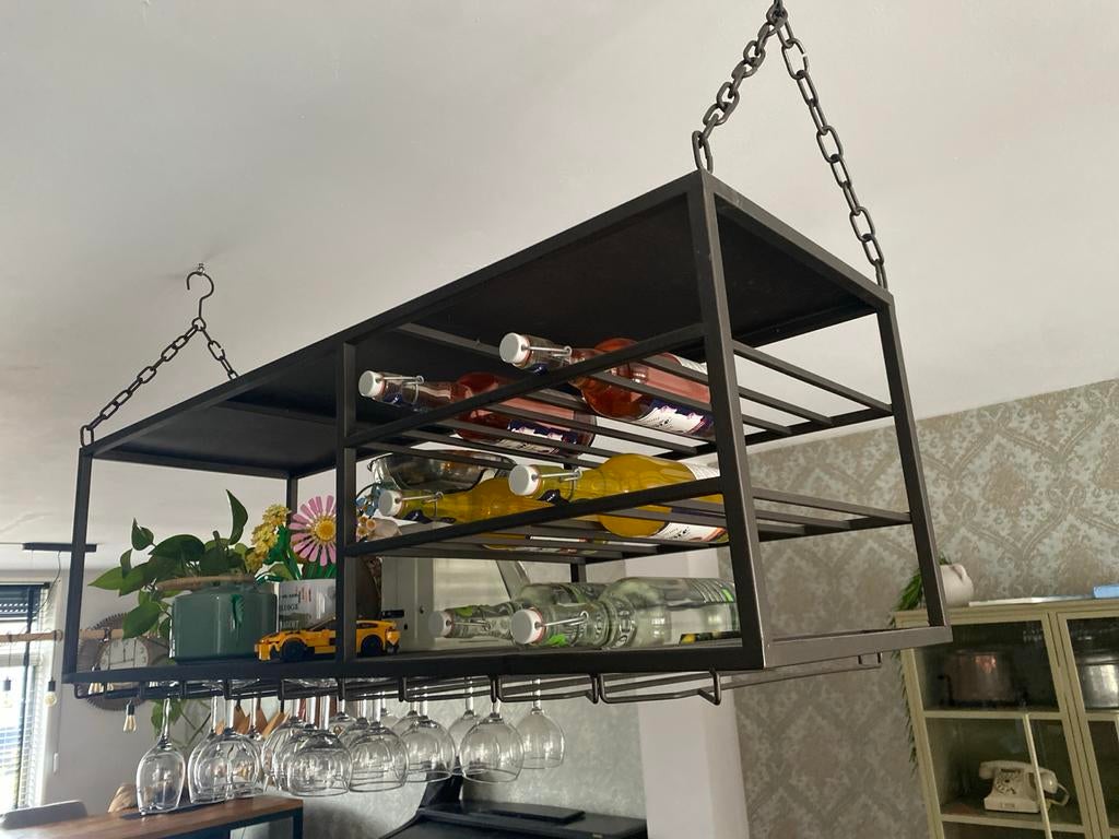 Hangend Wijnrek / Glazenrek - Industrieel Design, Ophalen of Verzenden, Zo goed als nieuw, Metaal, 5 tot 15 flessen