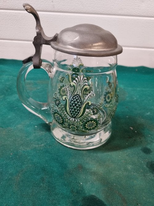 bierpul glas gedecoreed groen met tinnen deksel, Verzamelen, Ophalen of Verzenden, 'T Olde Gre-j, Info@toldegrej.nl, Endepoelstraat 20f Didam