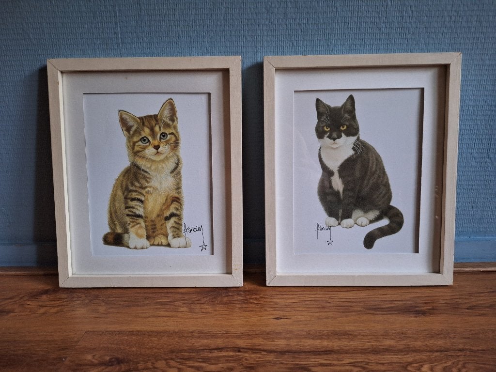 Twee ingelijste ‘Franciens Katten’ achter glas, Ophalen of Verzenden, Reproductie, Ingelijst