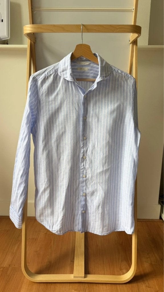 Suitsupply Albini Pure Linen Light Blue White Striped Shirt, Nieuw, Halswijdte 39/40 (M), Suitsupply, Verzenden