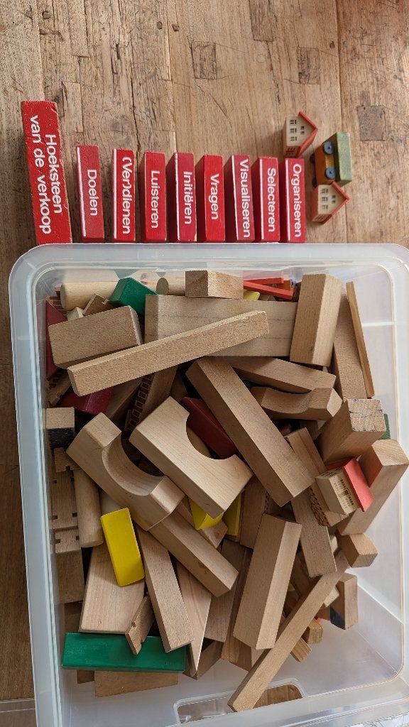 Grote kist houten blokvormen, incl. communicatieblokjes, Kinderen en Baby's, Speelgoed | Houten speelgoed, Ophalen, Gebruikt, Overige typen