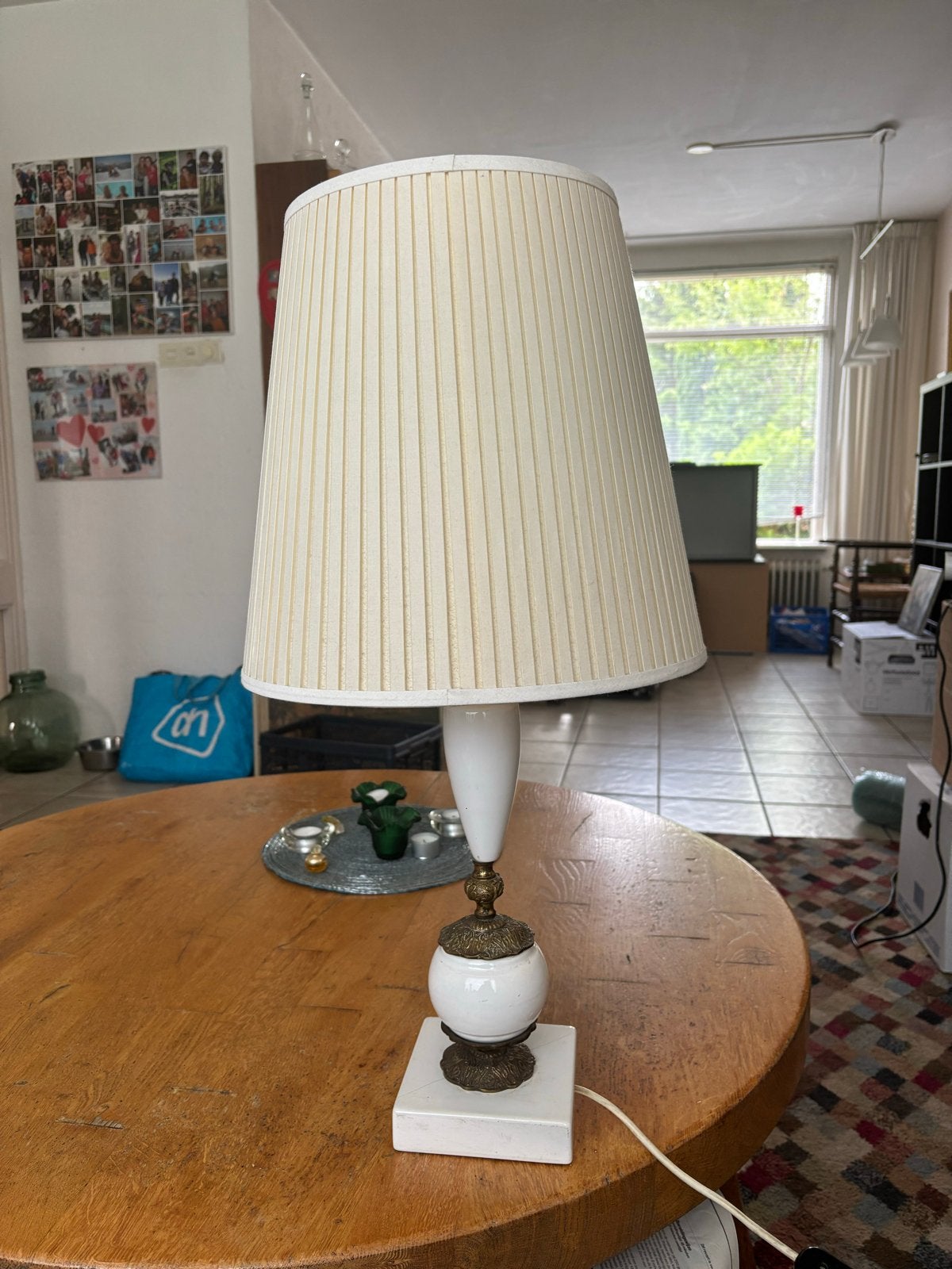 Vintage Tafellamp met Plissé Kap - Wit en Brons, Ophalen of Verzenden