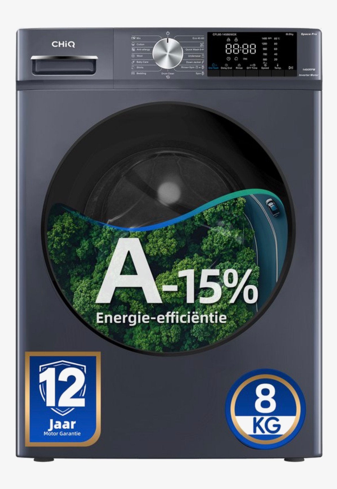 CHiQ Wasmachine 8KG slechts paar maanden oud!, Ophalen, Zo goed als nieuw, 1200 tot 1600 toeren, 85 tot 90 cm