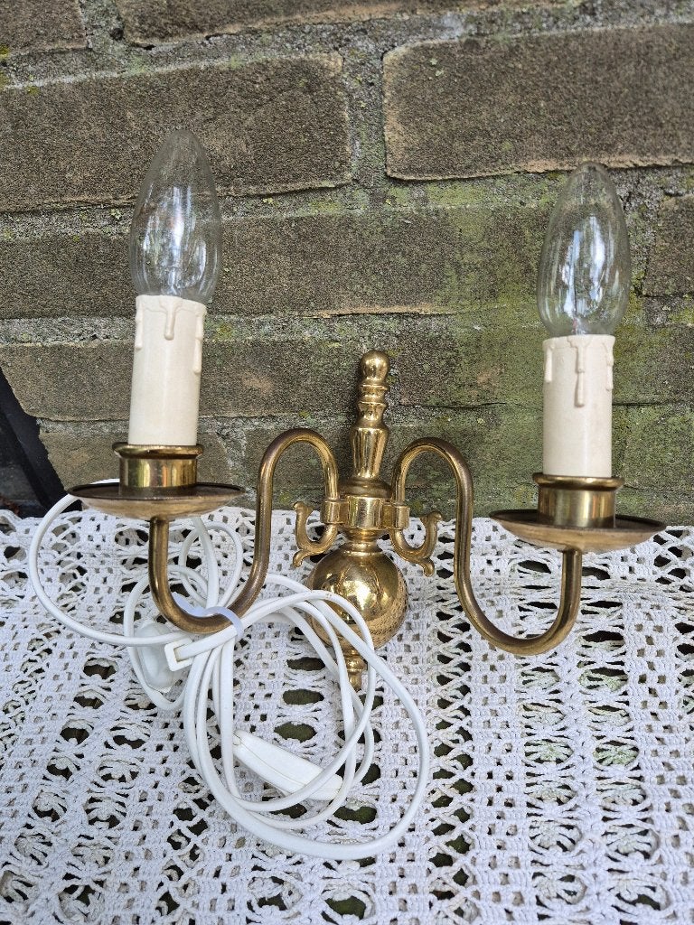 Vintage messing wandlamp met twee lichtpunten, Vintage, Gebruikt, Overige materialen, Ophalen of Verzenden