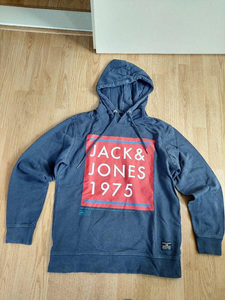 Jack & Jones Hoodie met logoprint, blauw met rood - Maat L, Maat 52/54 (L), Blauw, Ophalen of Verzenden, Gedragen
