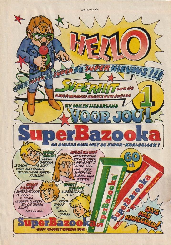 Retro reclame 1974 Super Bazooka kauwgum bubblegum, Verzenden, Overige typen