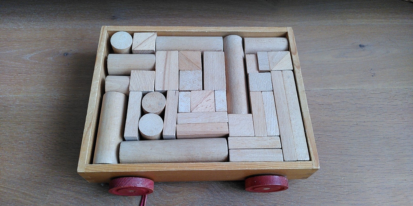 Vintage trekkarretje met houten blokken, Ophalen of Verzenden, Gebruikt