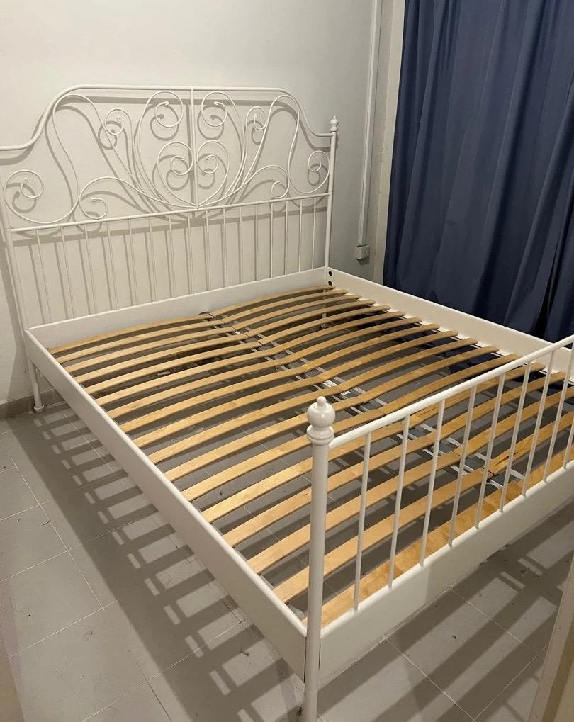 Ikea Leirvik metalen witte bed met matras 140 x 200 cm, Ophalen, Gebruikt, Barok, Wit