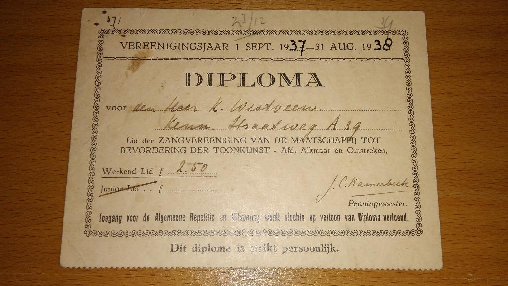Maatschappij tot Bevordering der Toonkunst - Diploma (1937), Ophalen of Verzenden