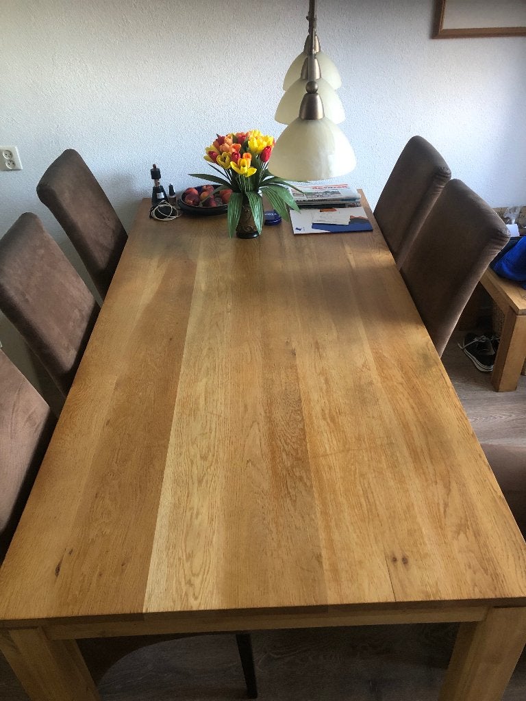 rechthoekige tafel van massief eikenhout 200x100 incl stoele, Huis en Inrichting, Tafels | Eettafels, Ophalen, Gebruikt, Eikenhout