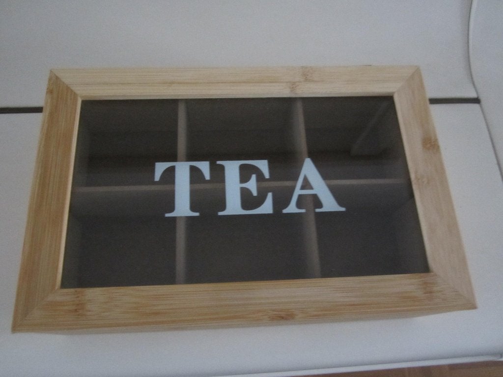 theedoos bamboe/mdf/glas - 23x15x7,7 cm, Ophalen of Verzenden, Zo goed als nieuw, Theedoos, Overige materialen