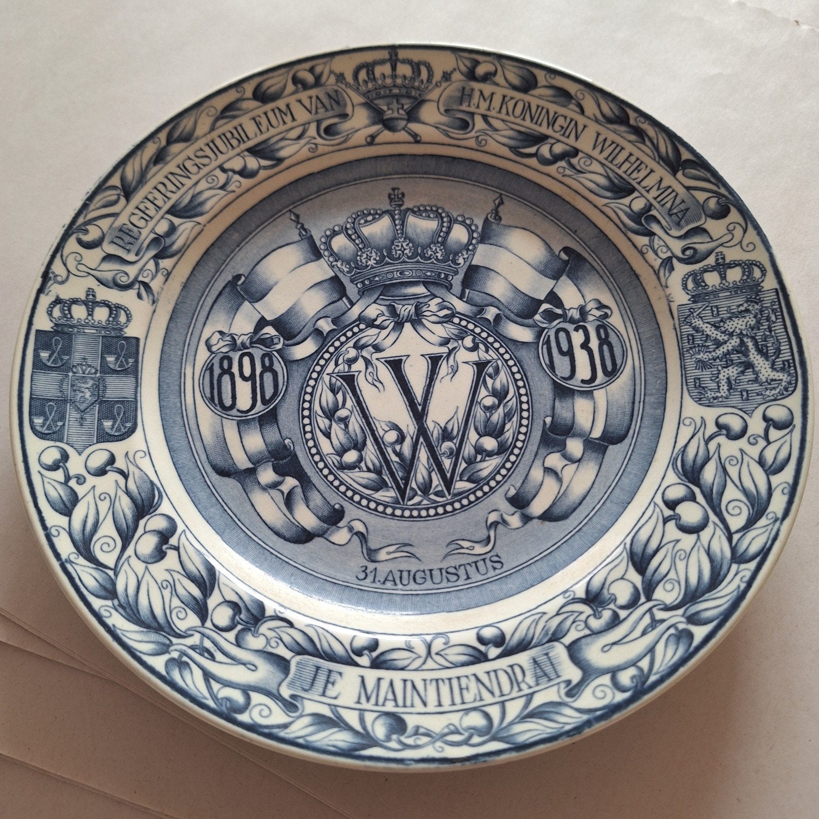 Delfsblauw bord Wilhelmina 1898-1938, Antiek en Kunst, Antiek | Wandborden en Tegels, Ophalen