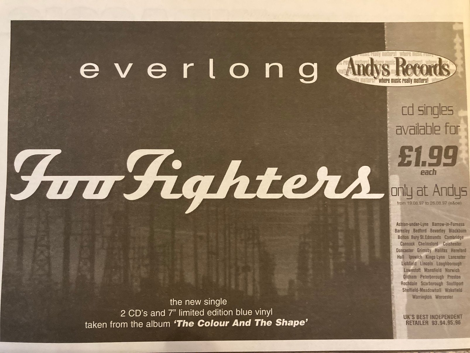 FOO FIGHTERS Everlong release A4 advertentie, Ophalen of Verzenden, Zo goed als nieuw, Poprock