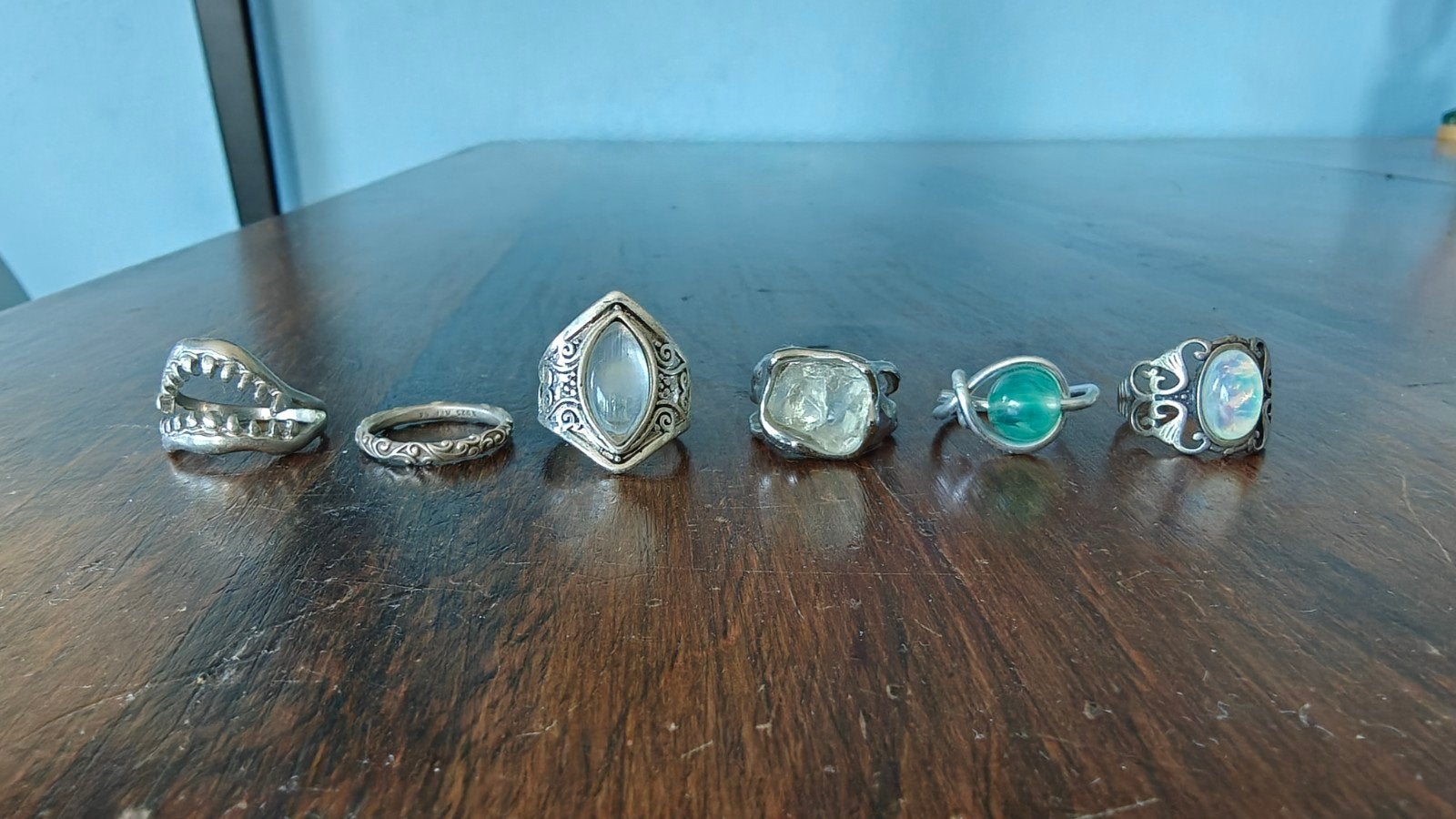 Zilverkleurige Ringen Set: Haai, Stenen & Krullen - RVS, Met kristal, Gebruikt, IJzer of Staal, Ophalen of Verzenden