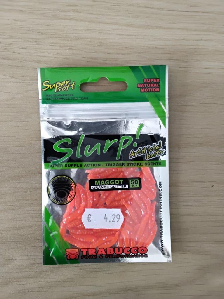 Trabucco Slurp! Maggot Orange Glitter Kunstmaden, Watersport en Boten, Ophalen of Verzenden, Nieuw