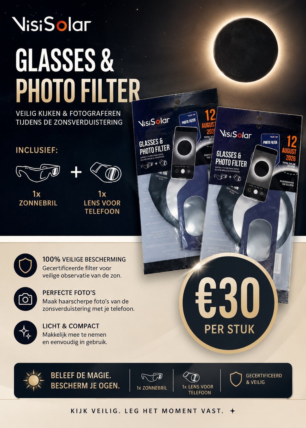 VisiSolar bril & filter Zonsverduistering SNEL op = OP, Overige merken, Minder dan 50 mm, Inclusief opbergcase, Nieuw