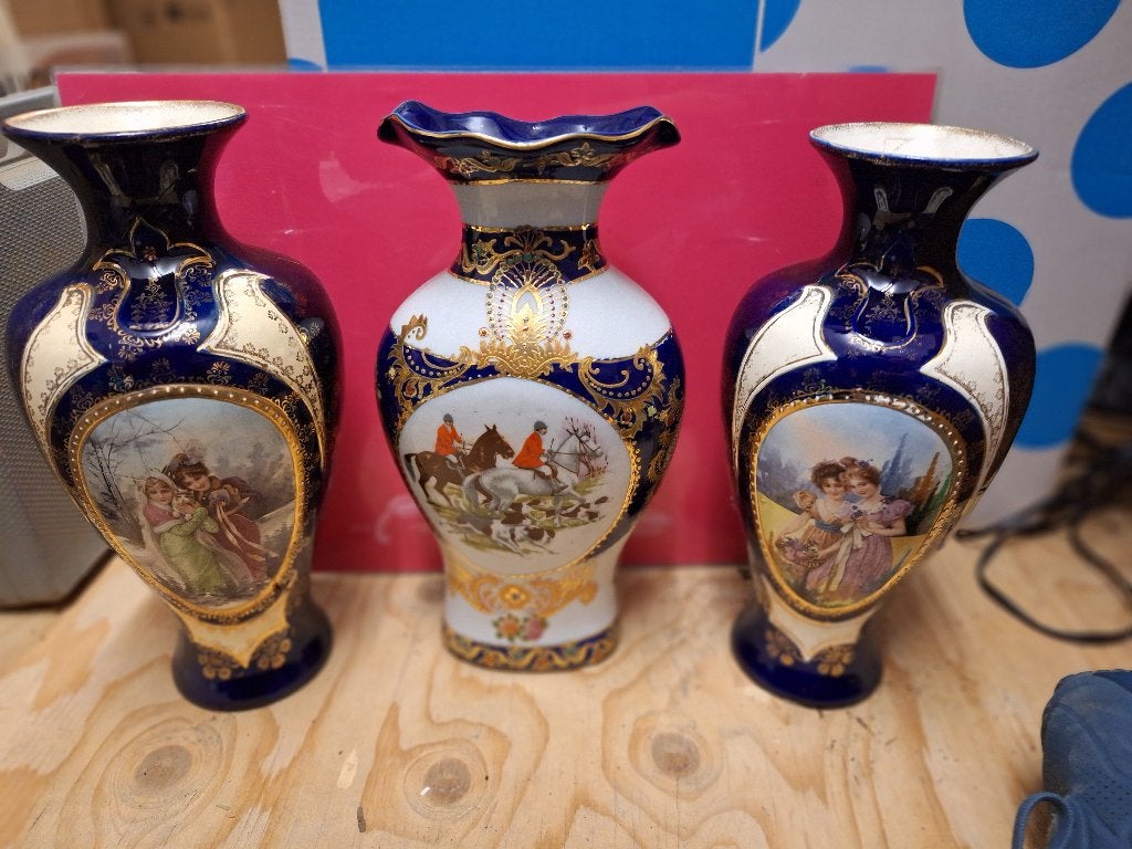 Set van 3 Antieke Porseleinen Vazen met Scènes, Huis en Inrichting, Woonaccessoires | Vazen, Ophalen, Gebruikt, Blauw