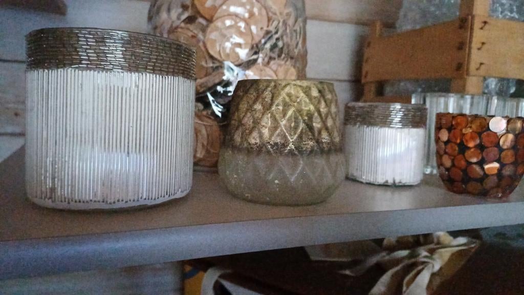 Grote decoratie set: theelichthouders, vazen, ornamenten, Ophalen of Verzenden, Gebruikt, Meerkleurig, Glas