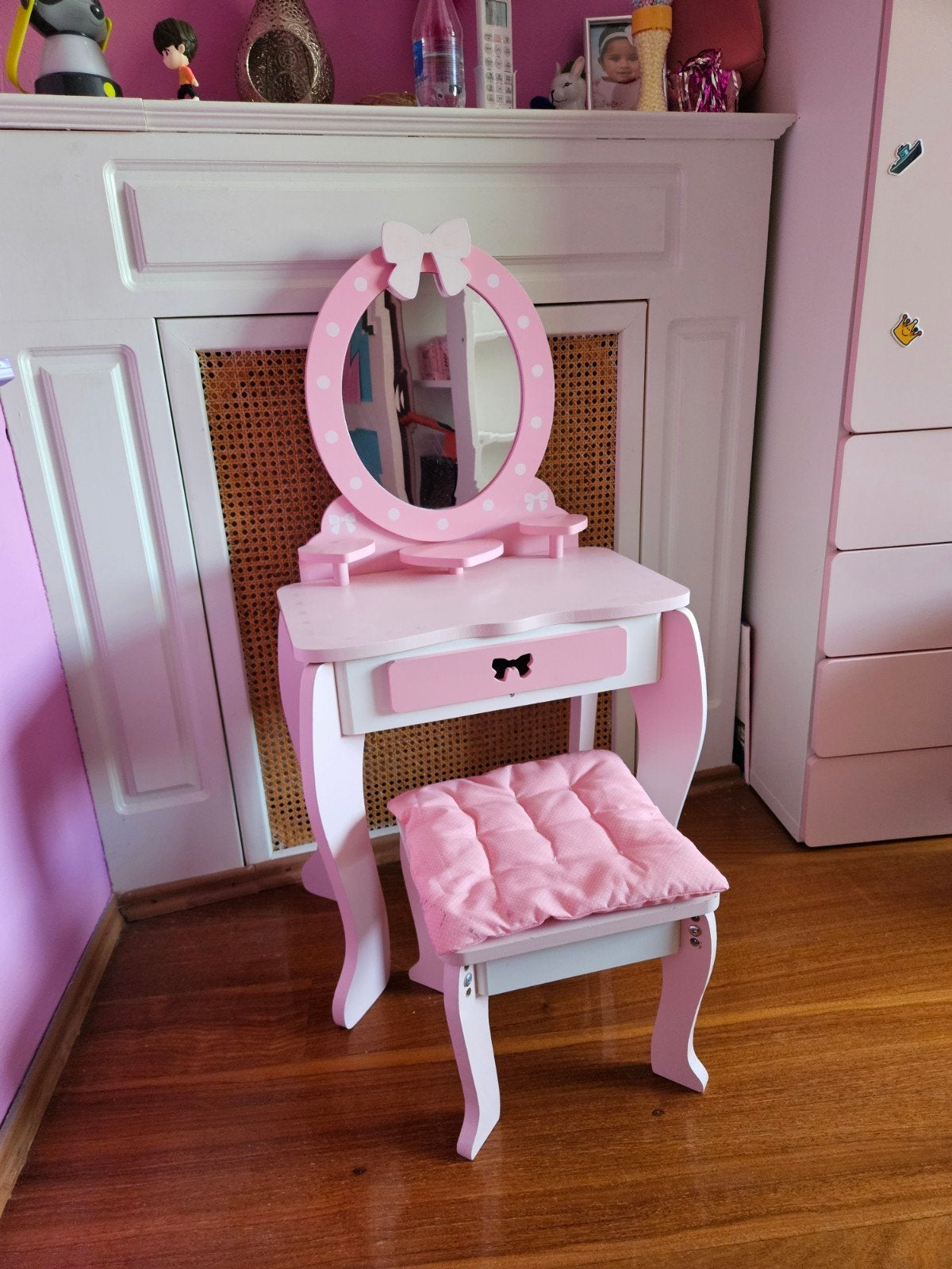 Houten roze kinder kaptafel met krukje - 48x28x50 cm, Ophalen