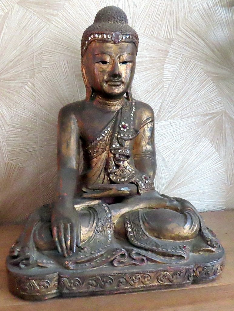 Uit inboedel: Antieke houten buddha Birma Mandalay 39,5 cm, Gebruikt, Hout, Gouden accenten, 40 cm