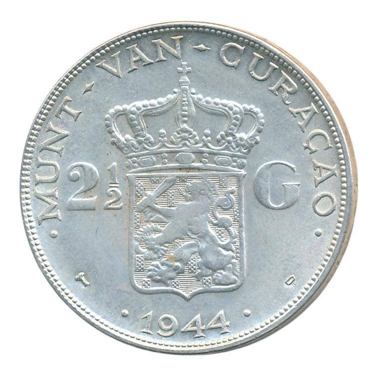 Curaçao 2,5 Gulden 1944-D Wilhelmina, 1 gulden, Zilver, Ophalen of Verzenden, Koningin Wilhelmina