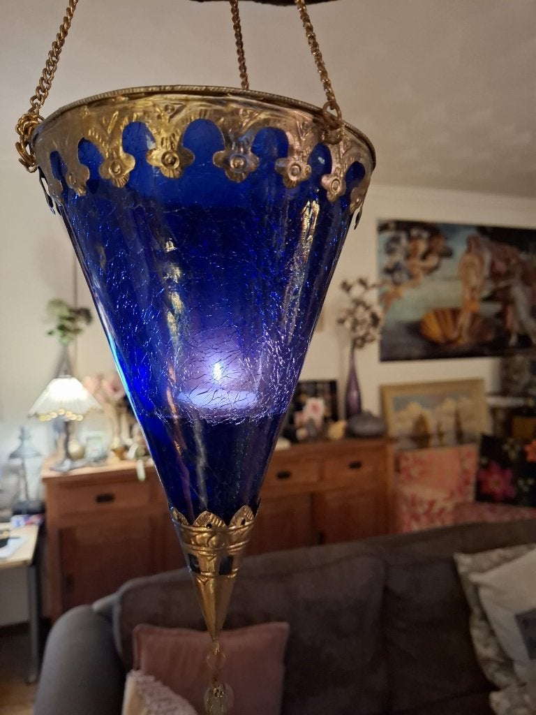 Blauw Oosters Hangwindlicht – Craquelé Glas – 30 cm Hoog, Antiek en Kunst, Antiek | Glas en Kristal, Ophalen