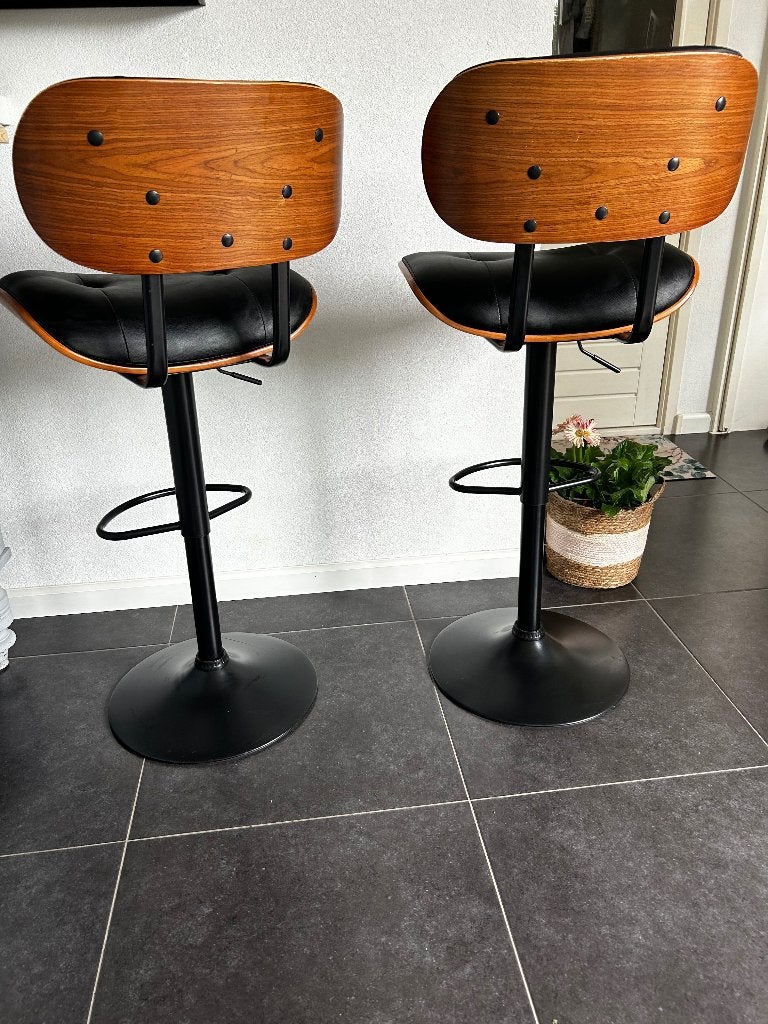 3 stuks Barkrukken leder/houtlook, Ophalen, Gebruikt, Hout, In hoogte verstelbaar
