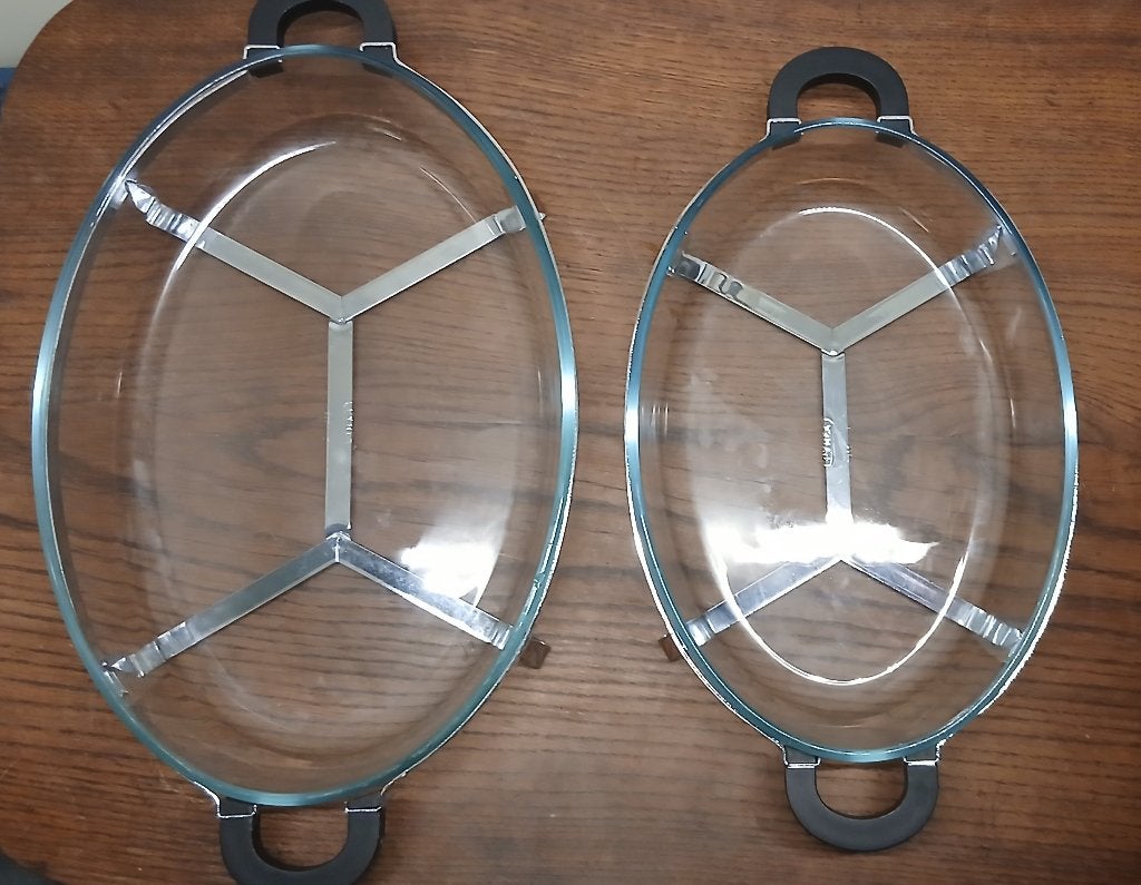 Retro set van 2 Bodum houders met Pyrex braad-/ovenschalen, Bodum, Ophalen of Verzenden, Zo goed als nieuw, Glas
