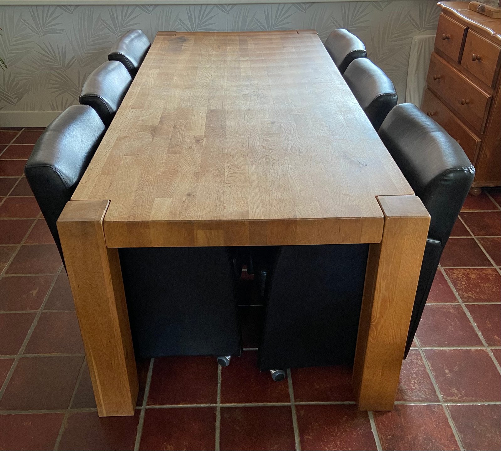 Eethoek eiken tafel + 6 leren stoelen, Ophalen, Gebruikt, Eikenhout, 200 cm of meer