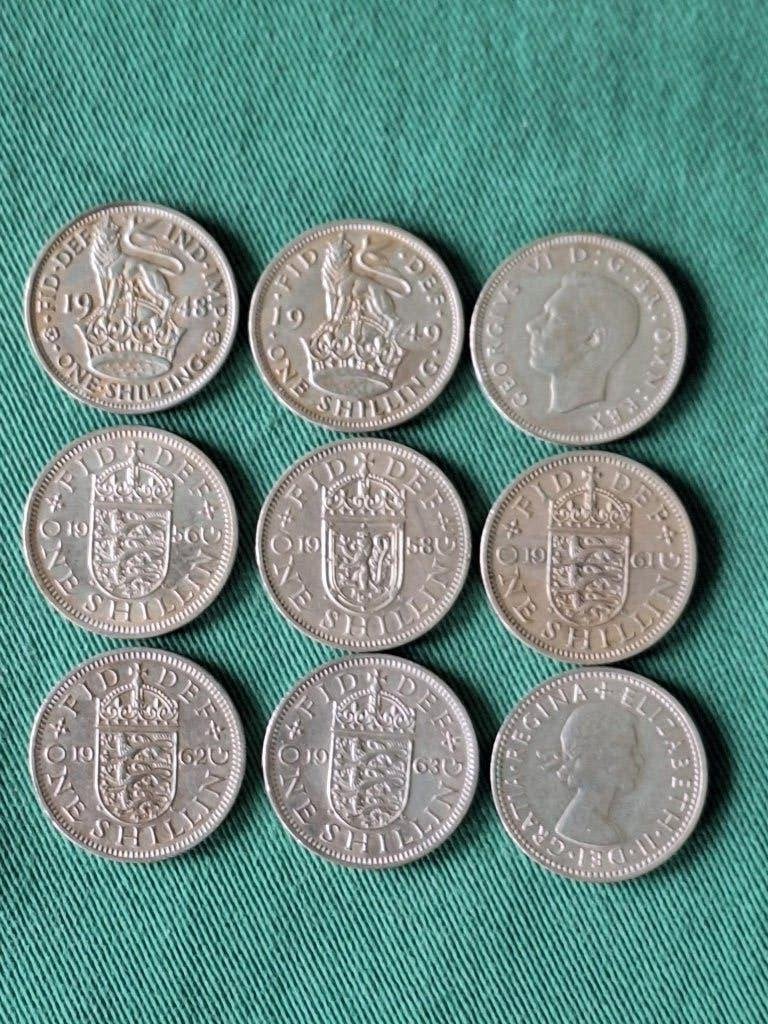 9 munten Engeland 1 shilling 1948-1966, Ophalen of Verzenden, Overige landen, Losse munt
