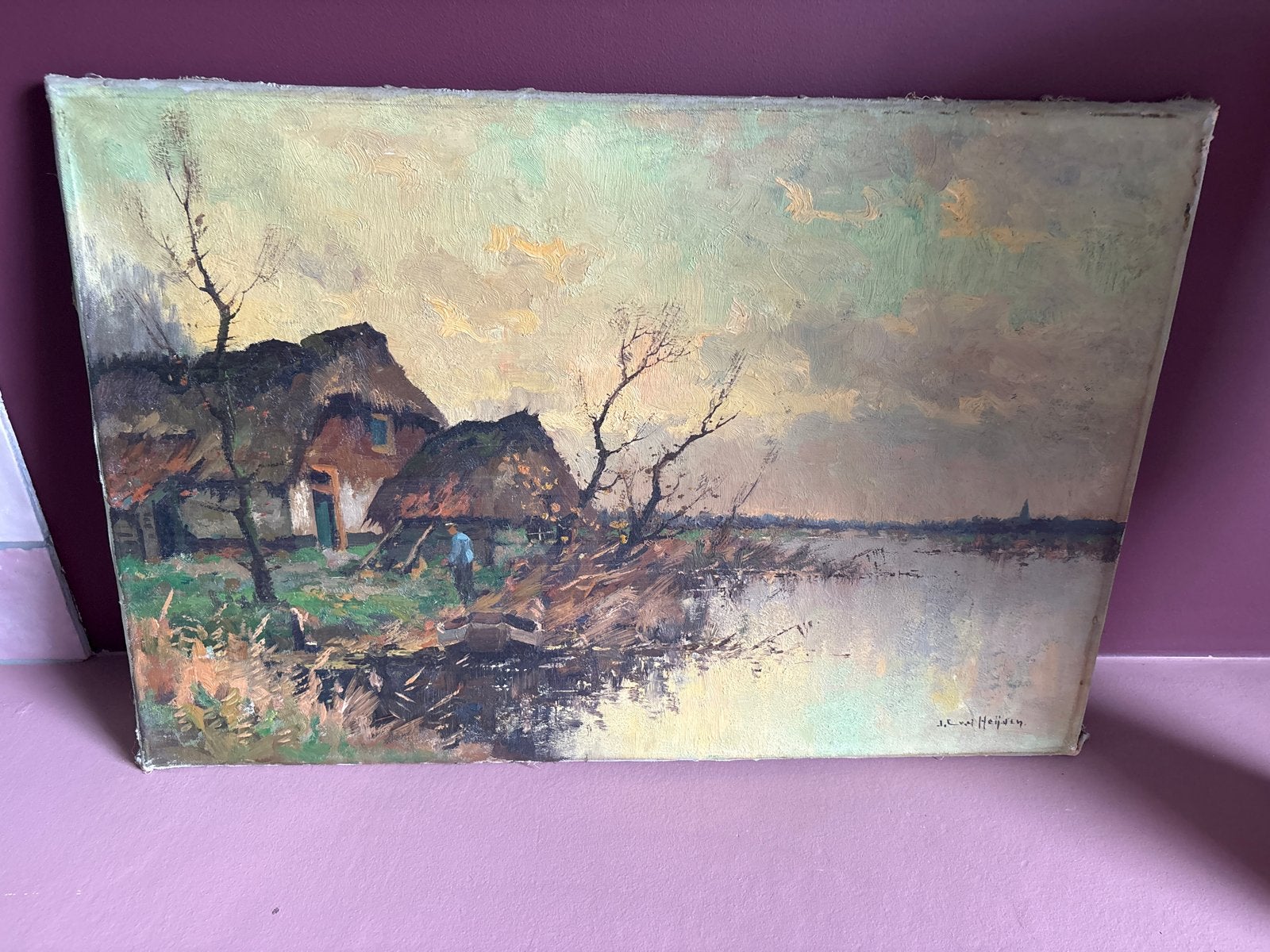 Schilderij J.C. v.d. Heijden - Landschap met boerderijen, Antiek en Kunst, Doek, Realistisch, Ophalen of Verzenden, Gesigneerd