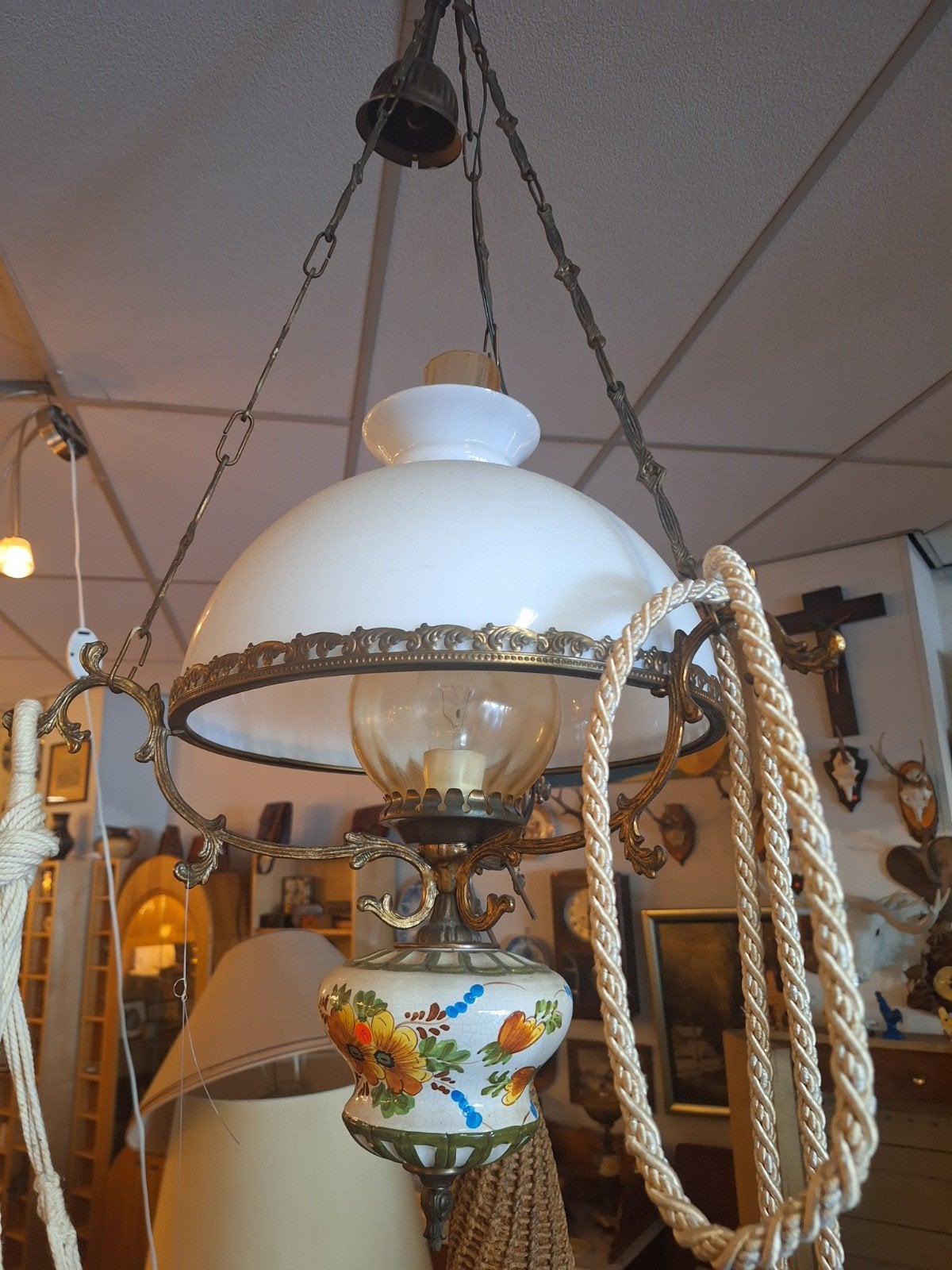 Vintage olielamp hanglamp met bloemmotief, Ophalen