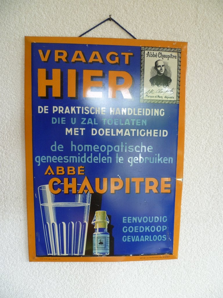 BLIKKEN RECLAME DISPLAY"VRAAGT HIER ABBE CHAUPITRE"UIT 1936, Ophalen of Verzenden, Gebruikt, Reclamebord
