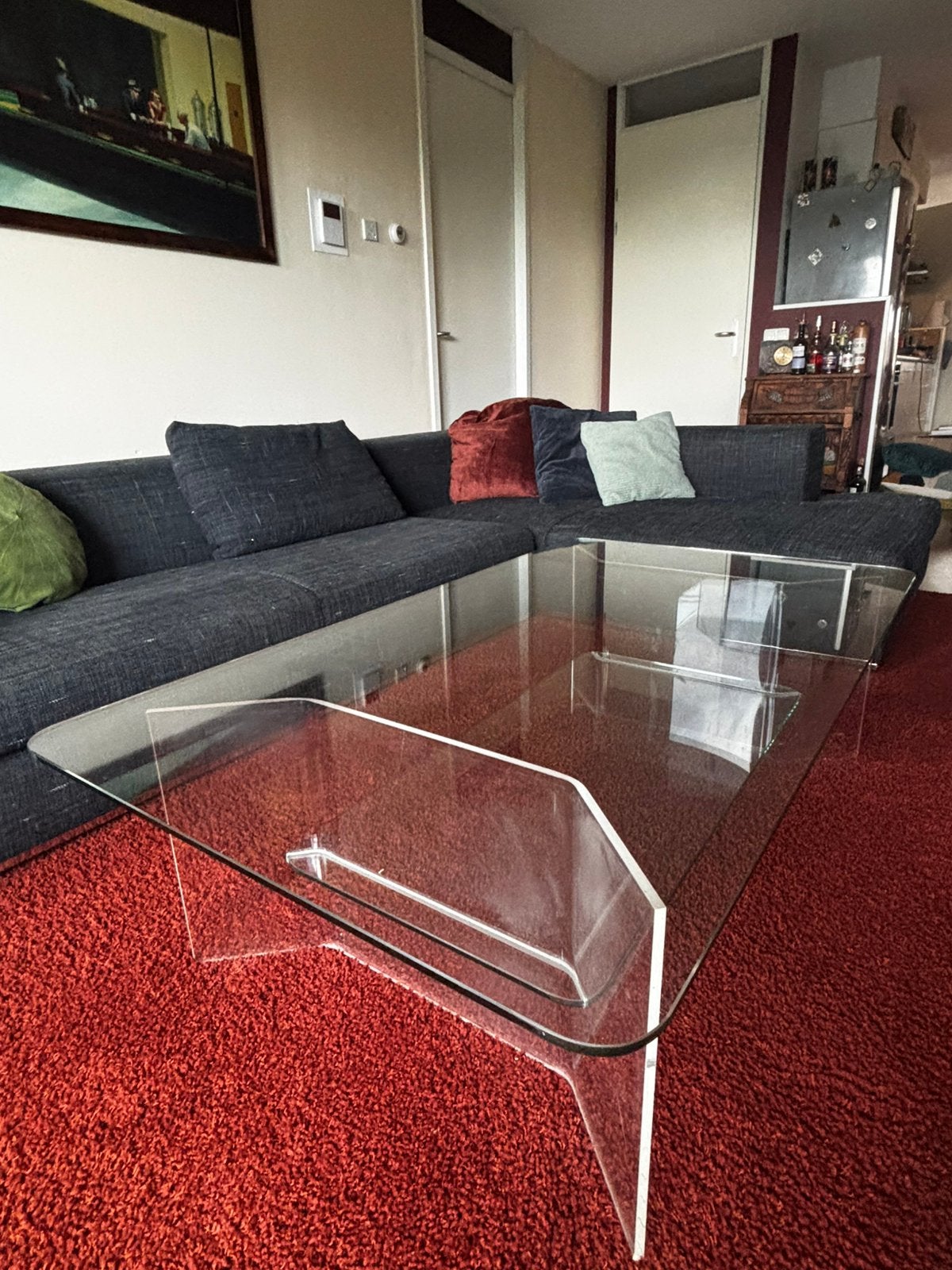 Midcentury glazen salontafel met opbergruimte, Ophalen, Gebruikt, 100 tot 150 cm, 50 tot 100 cm