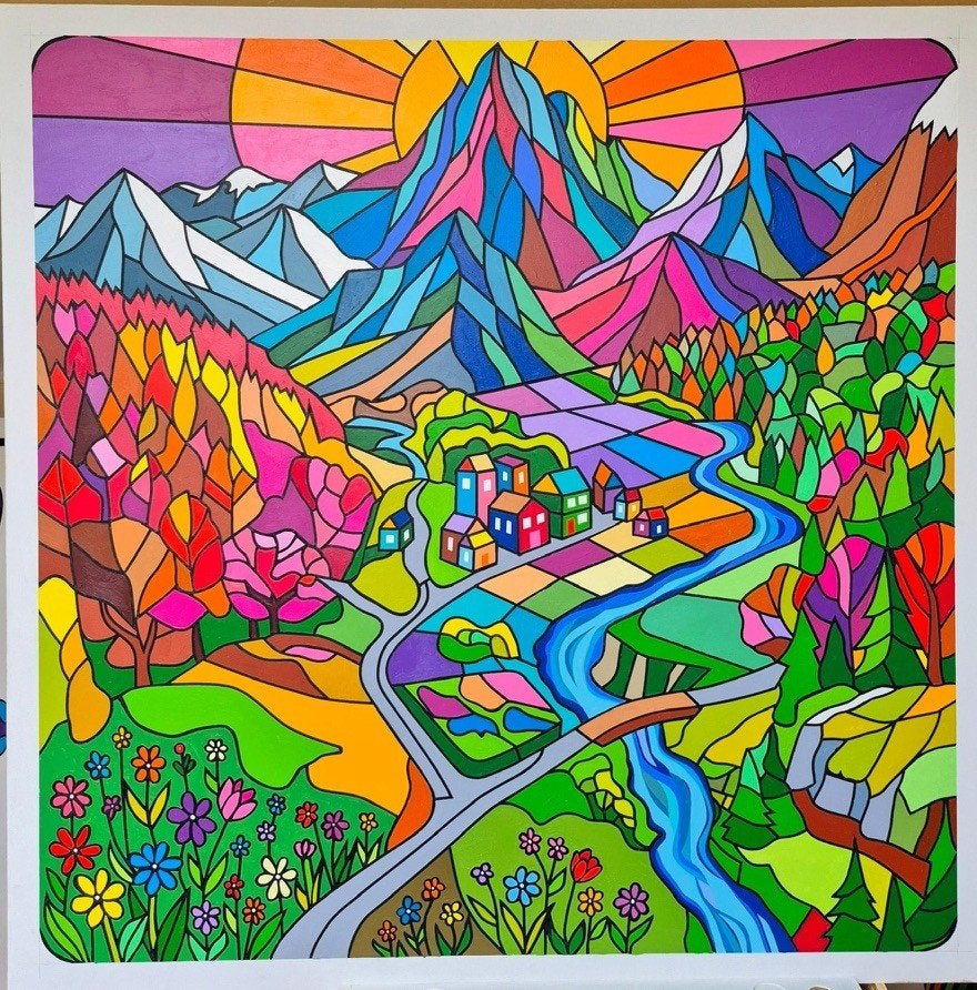 Schilderij Franklin van Dam - Geometrisch Berglandschap, Ophalen of Verzenden