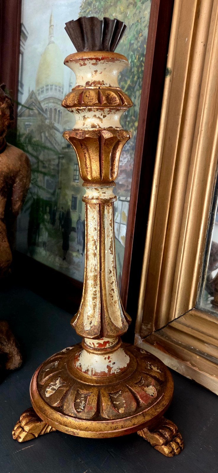 Antieke Franse Bois Doré kandelaar met leeuwen pootjes, Ophalen of Verzenden