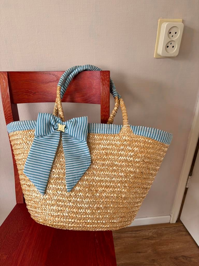 Strandtas van riet met rits blauw gestreep, 40 tot 60 cm, 20 tot 30 cm, Beige, Nieuw