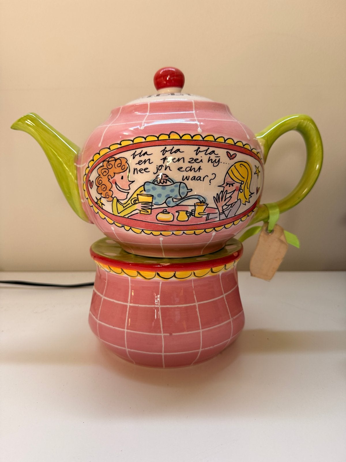 Blond Amsterdam Theepot met theelichtje - Roze/Groen, Huis en Inrichting, Keuken | Keukenbenodigdheden, Zo goed als nieuw, Roze