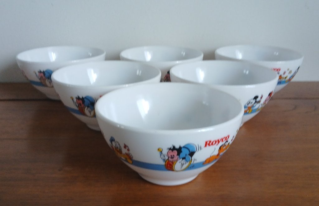Royco Arcopal set van 6 soepkommen met Disney-figuren, Huis en Inrichting, Gebruikt, Overige merken, Ophalen of Verzenden, Glas