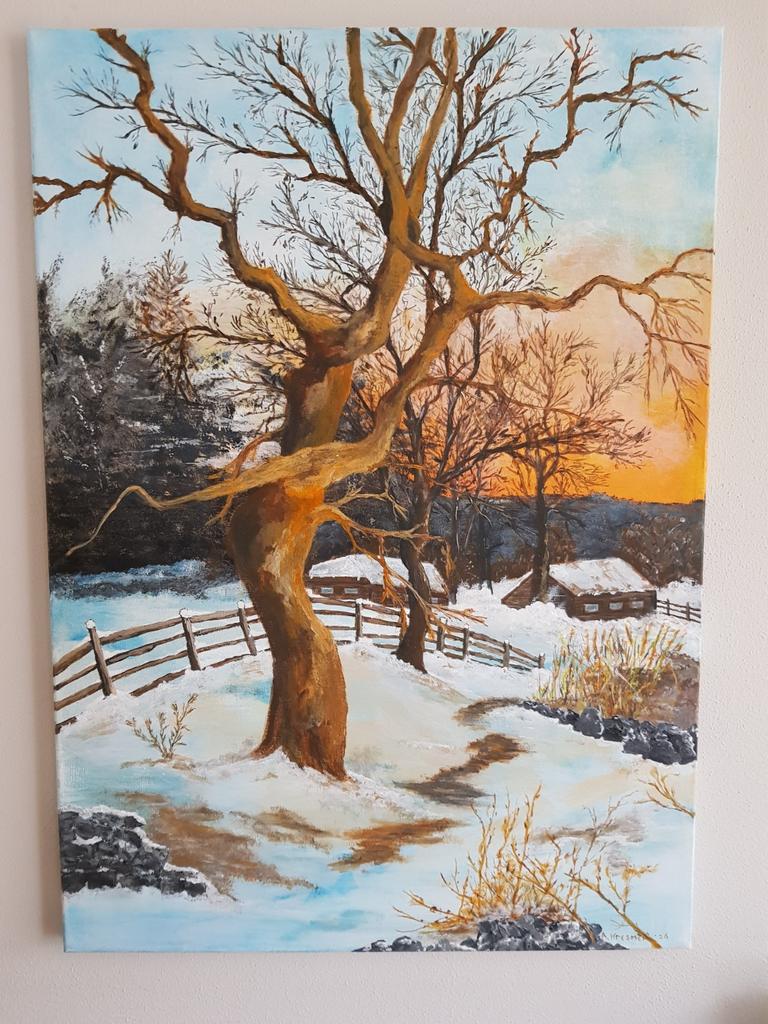 Landschap handpainting aqrilverf  maat 70 x 50, Ophalen