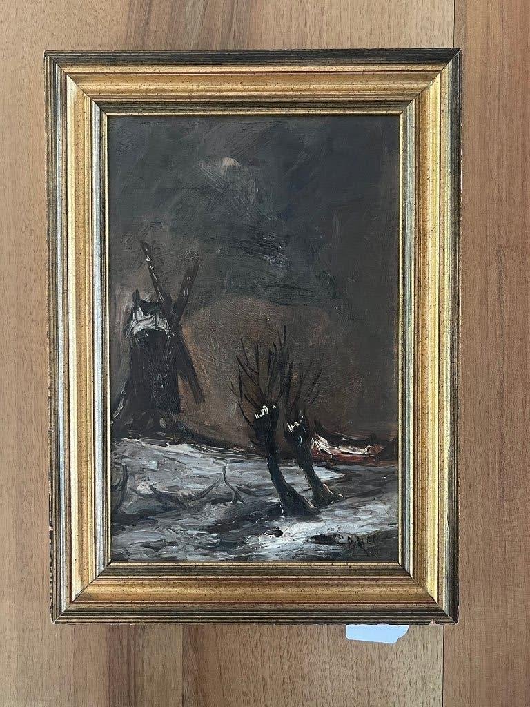 Winter met molen en knotwilgen, Ophalen, Doek, Oud hollands, Origineel werk