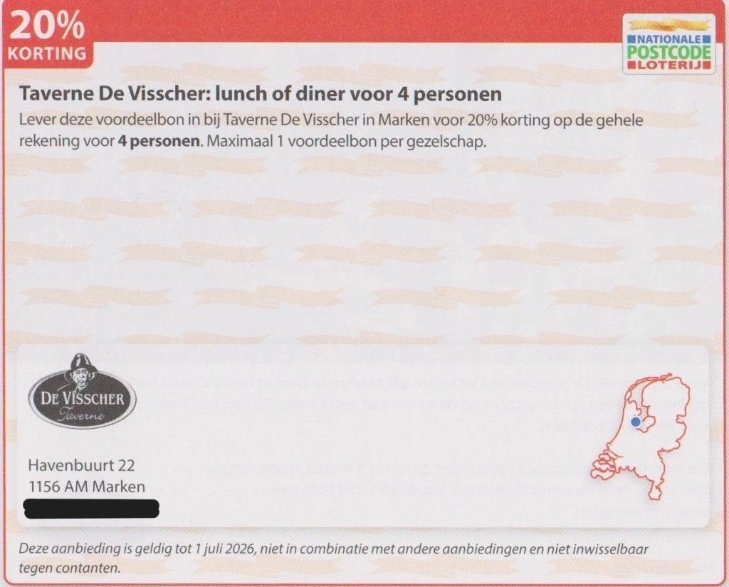 Taverne De Visscher: Lunch en diner. Marken. 20% korting., Tickets en Kaartjes, Kortingen en Cadeaubonnen, Drie personen of meer